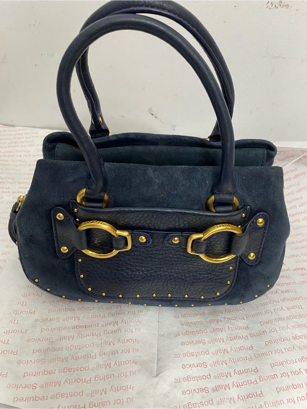 Cole Haan Suede and Leather Exterior Satchel Handbag with Gold Hardware. New